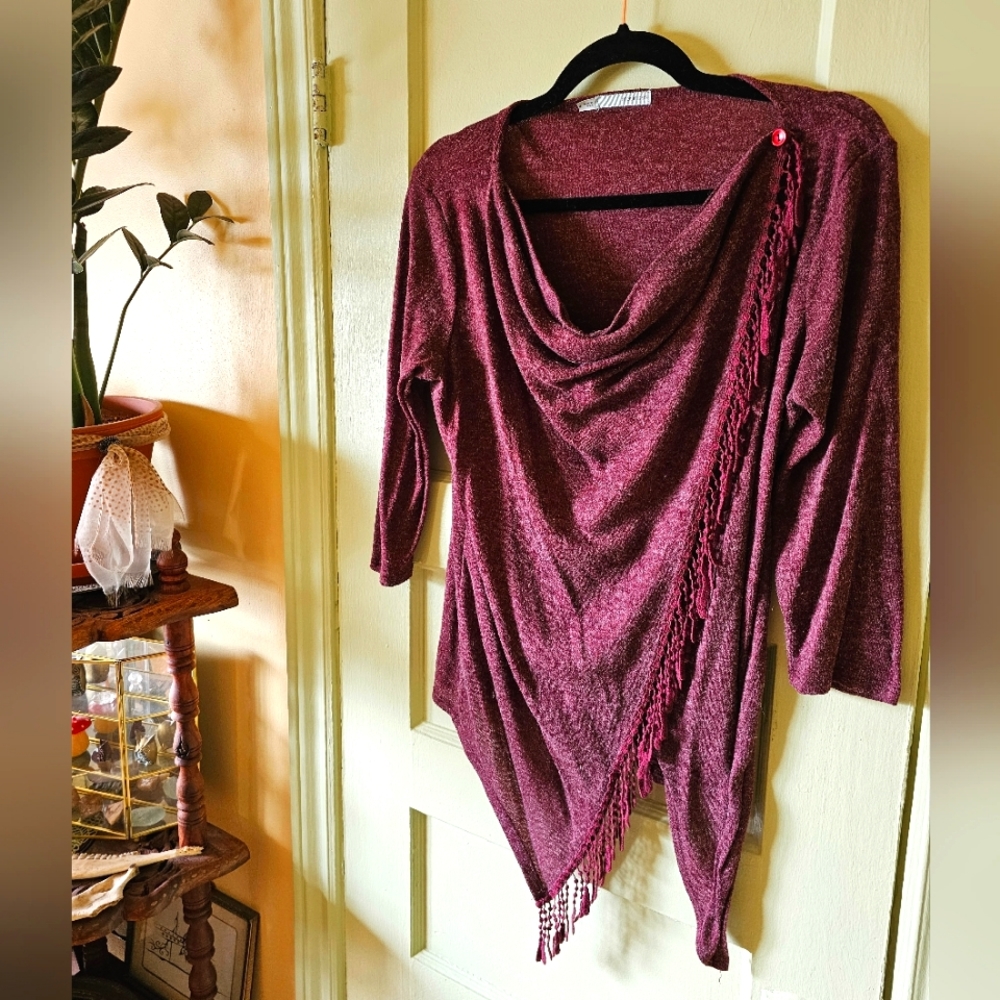 Boho maroon layered cowl neck knit wrap cardigan with fringe Maurices